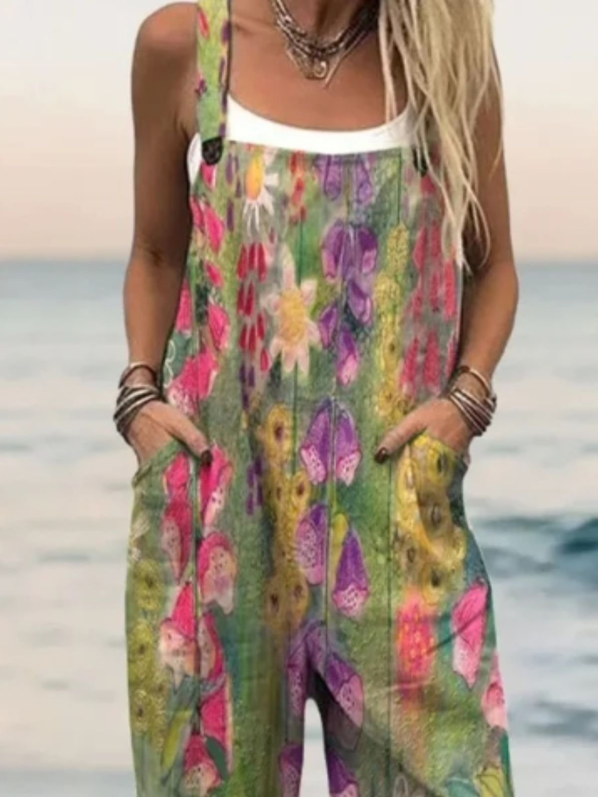 Combinaisons Boho La peinture Été Micro-élasticité Vacances Coton Et Lin Gallus Top Débardeur Droit pour Femmes