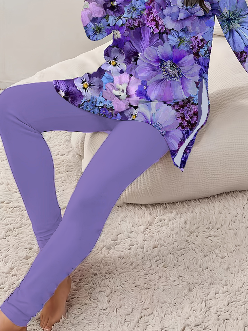 Deux Pièces Ensembles Décontracté Floral Printemps / Automne Imprimé Quotidien Jersey Manches Longues Col Rond Régulier pour Femmes