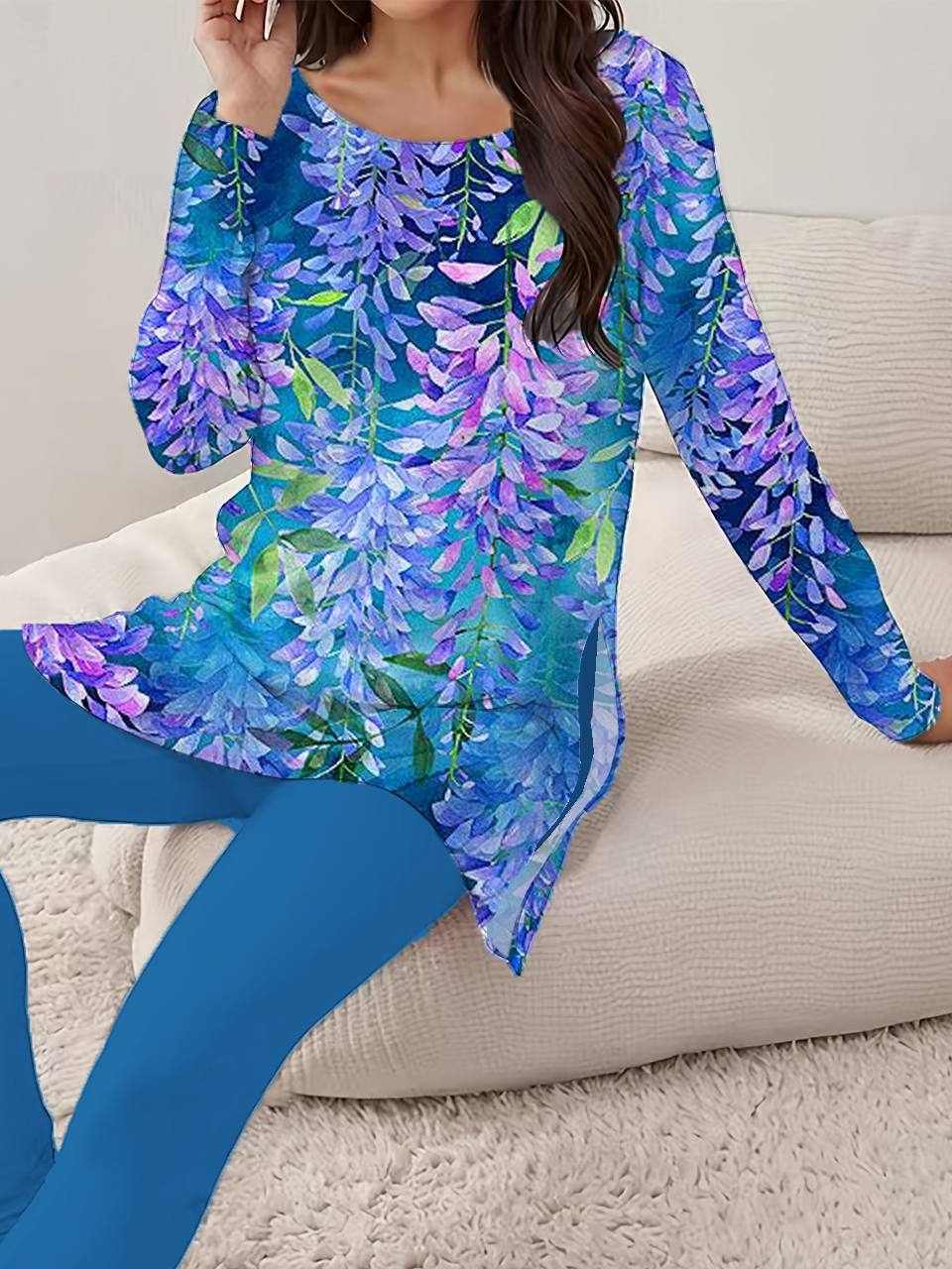 Deux Pièces Ensembles Décontracté Floral Printemps / Automne Imprimé Quotidien Ample Jersey Manches Longues Top Avec Pantalons pour Femmes
