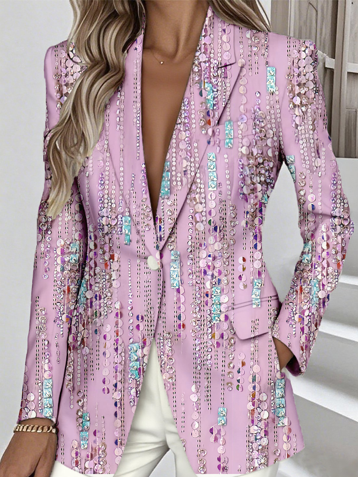 à Col Revers Manches Longues Régulier Floral Blazer pour Femmes