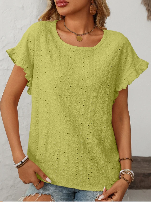 T-shirts Plain Rue Été Joint Fendu Micro-élasticité Faire la navette Col Rond Droit Régulier pour Femmes