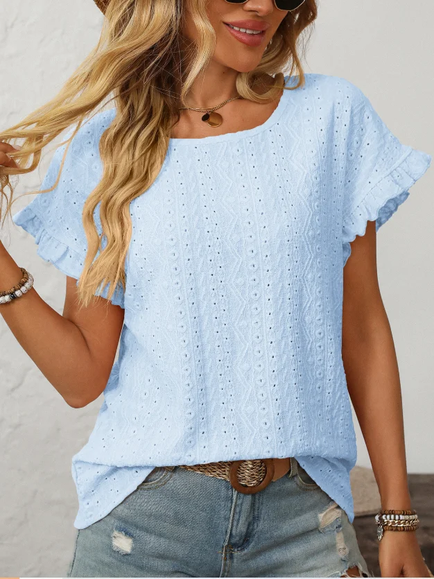 T-shirts Plain Rue Été Joint Fendu Micro-élasticité Faire la navette Col Rond Droit Régulier pour Femmes