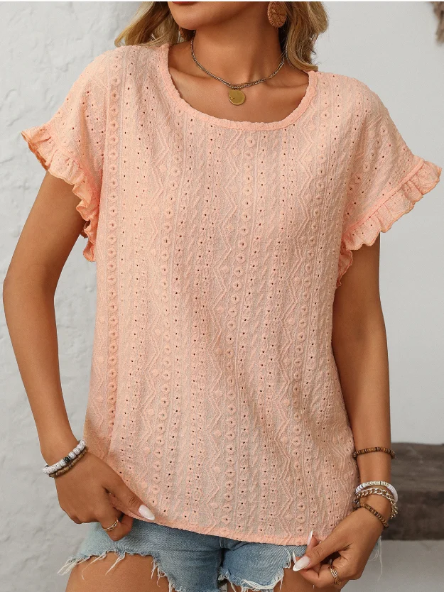 T-shirts Plain Rue Été Joint Fendu Micro-élasticité Faire la navette Col Rond Droit Régulier pour Femmes