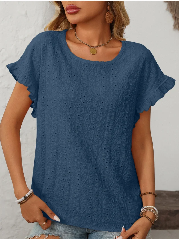 T-shirts Plain Rue Été Joint Fendu Micro-élasticité Faire la navette Col Rond Droit Régulier pour Femmes