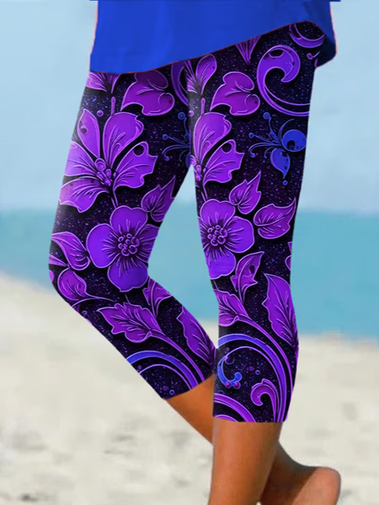 Pantalons Femmes Décontracté Floral Été Imprimé Rayonne Coupe Régulière Taille Élastique Legging Droit