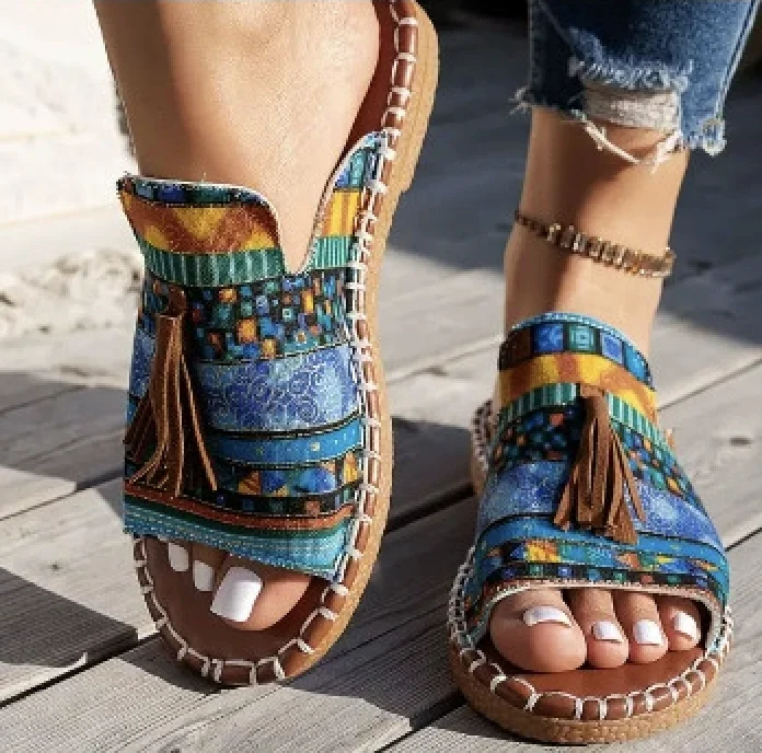 Sandales Géométrique Boho Été Quotidien Cuir Verni Toit ouvert flocage Sandales Antidérapantes à Enfiler pour Femmes