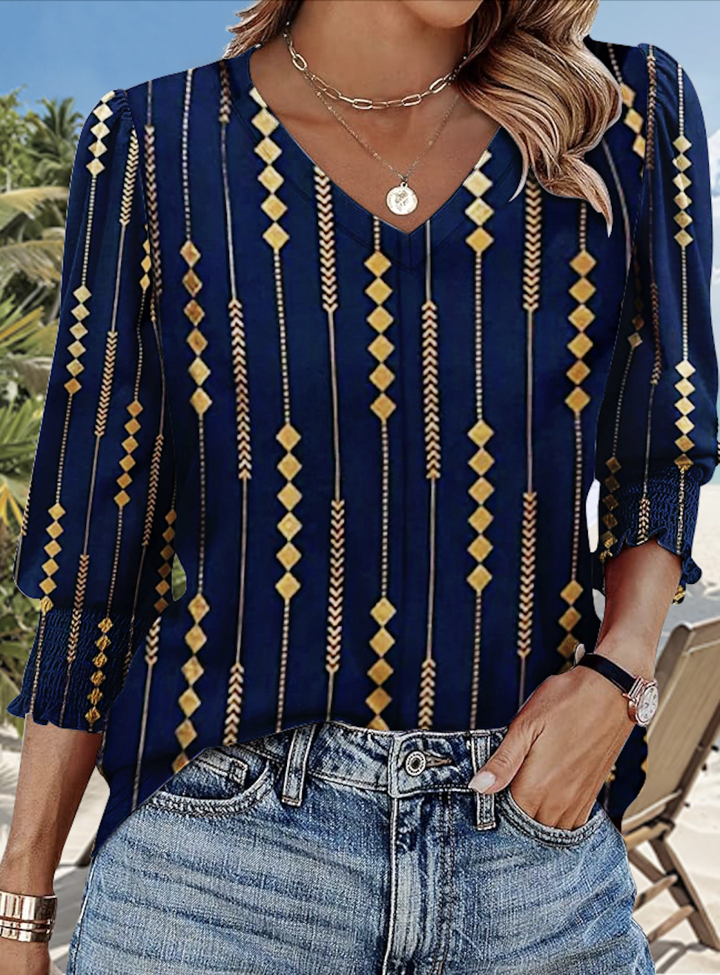 T-shirts Géométrique Décontracté Printemps / Automne Coton Col V Quotidien Coupe Régulière Manches Longues Trapèze pour Femmes