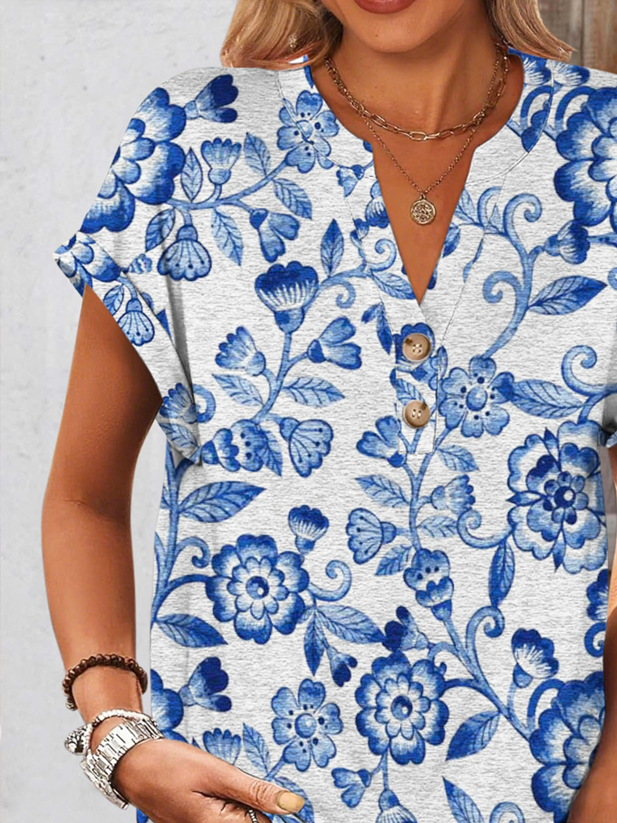 T-shirts Femmes Décontracté Floral Été Coton Col V Coupe Régulière Manches Courtes Trapèze Régulier