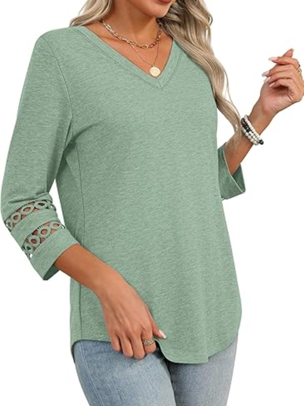T-shirts Femmes Décontracté Plain Printemps / Automne Col V Coupe Régulière Manches trois quarts Régulier Droit Régulier