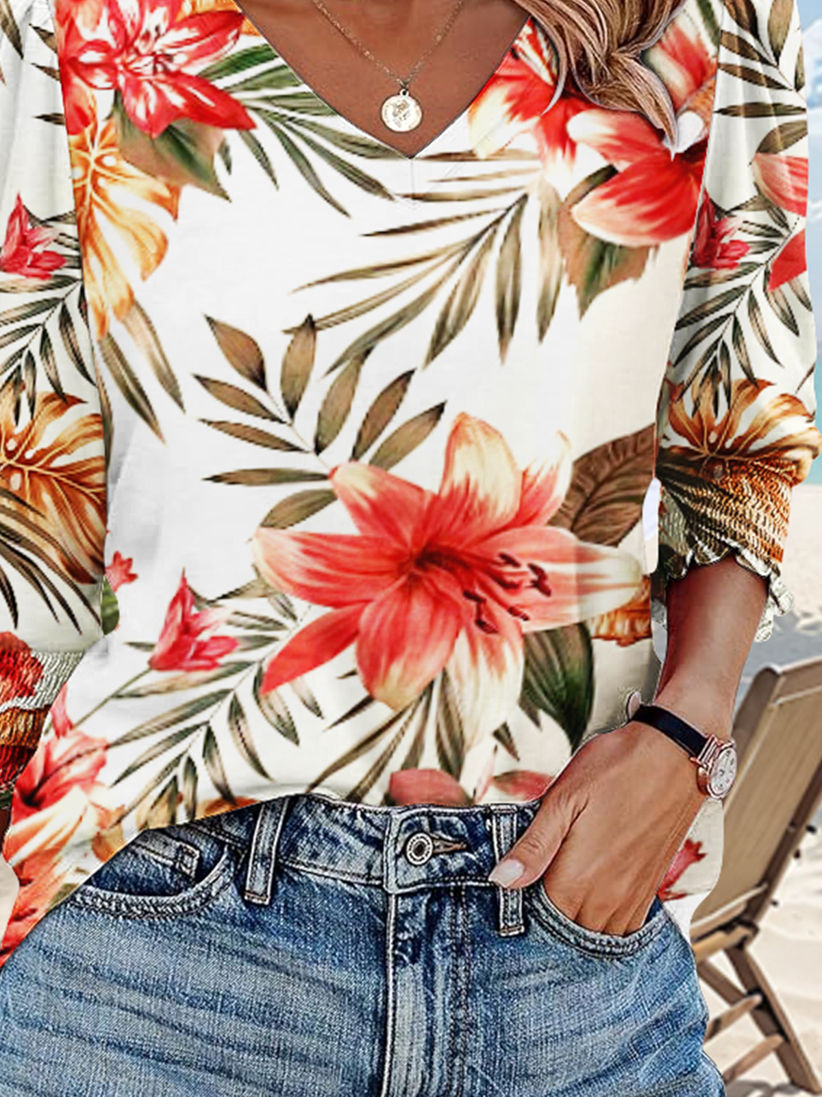 T-shirts Décontracté Floral Printemps / Automne Coton Micro-élasticité Quotidien Manches Longues Trapèze Régulier pour Femmes