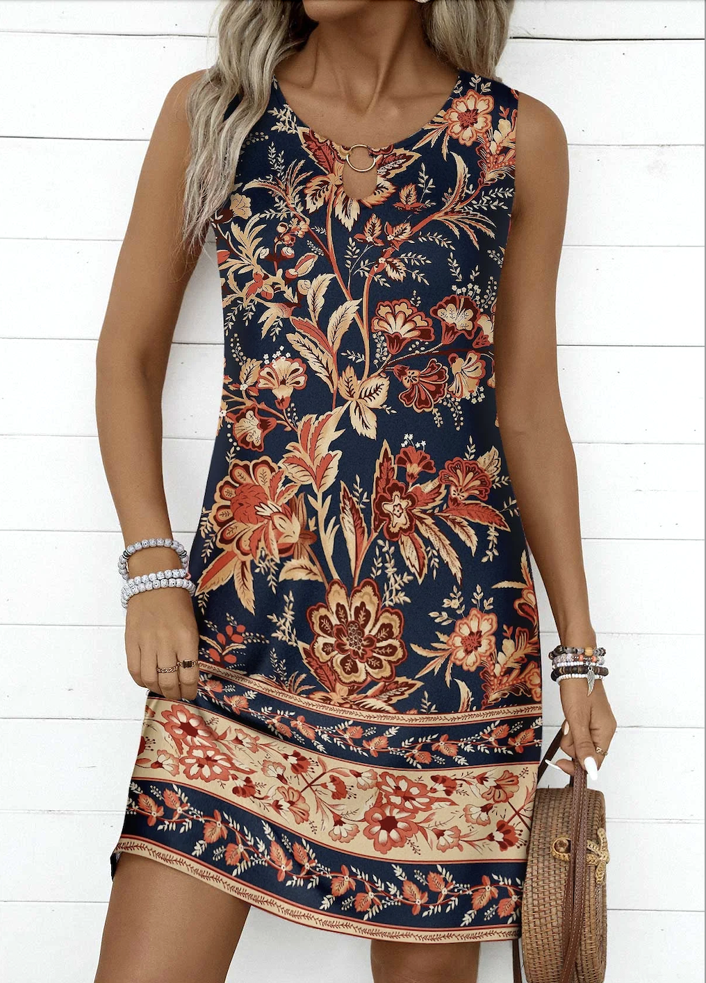 Femmes Floral Noir Col Rond Confortable Robe Mi-Longue Décontracté
