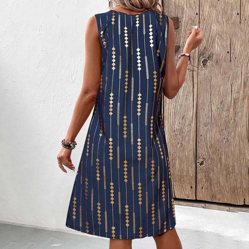 Femmes Géométrique Bleu Marine Col V Confortable Robe Mi-Longue Décontracté