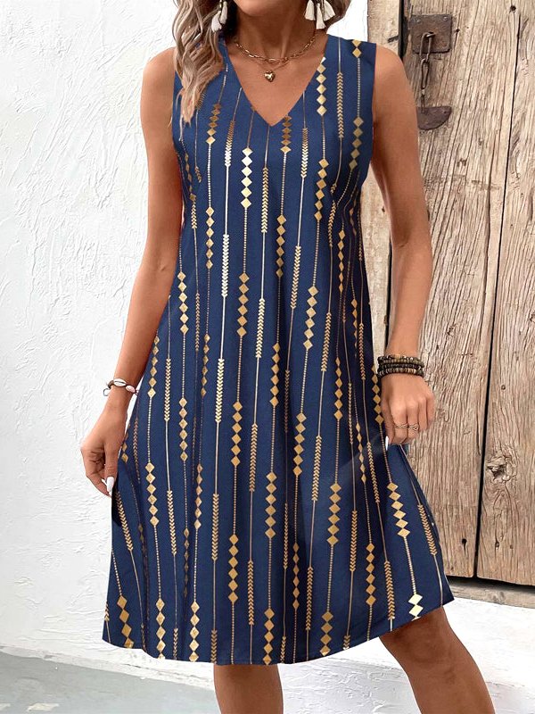 Femmes Géométrique Bleu Marine Col V Confortable Robe Mi-Longue Décontracté
