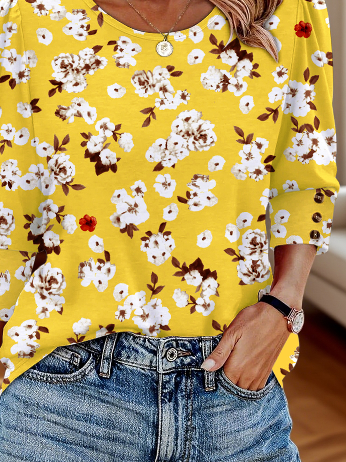 T-shirts Décontracté Floral Printemps / Automne Coton Manches trois quarts Col Rond Régulier Trapèze Régulier pour Femmes
