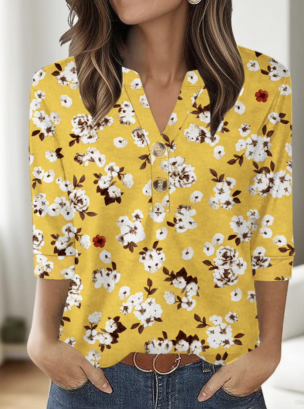 T-shirts Femmes Décontracté Floral Printemps / Automne Coton Micro-élasticité Manches trois quarts Régulier Trapèze Régulier