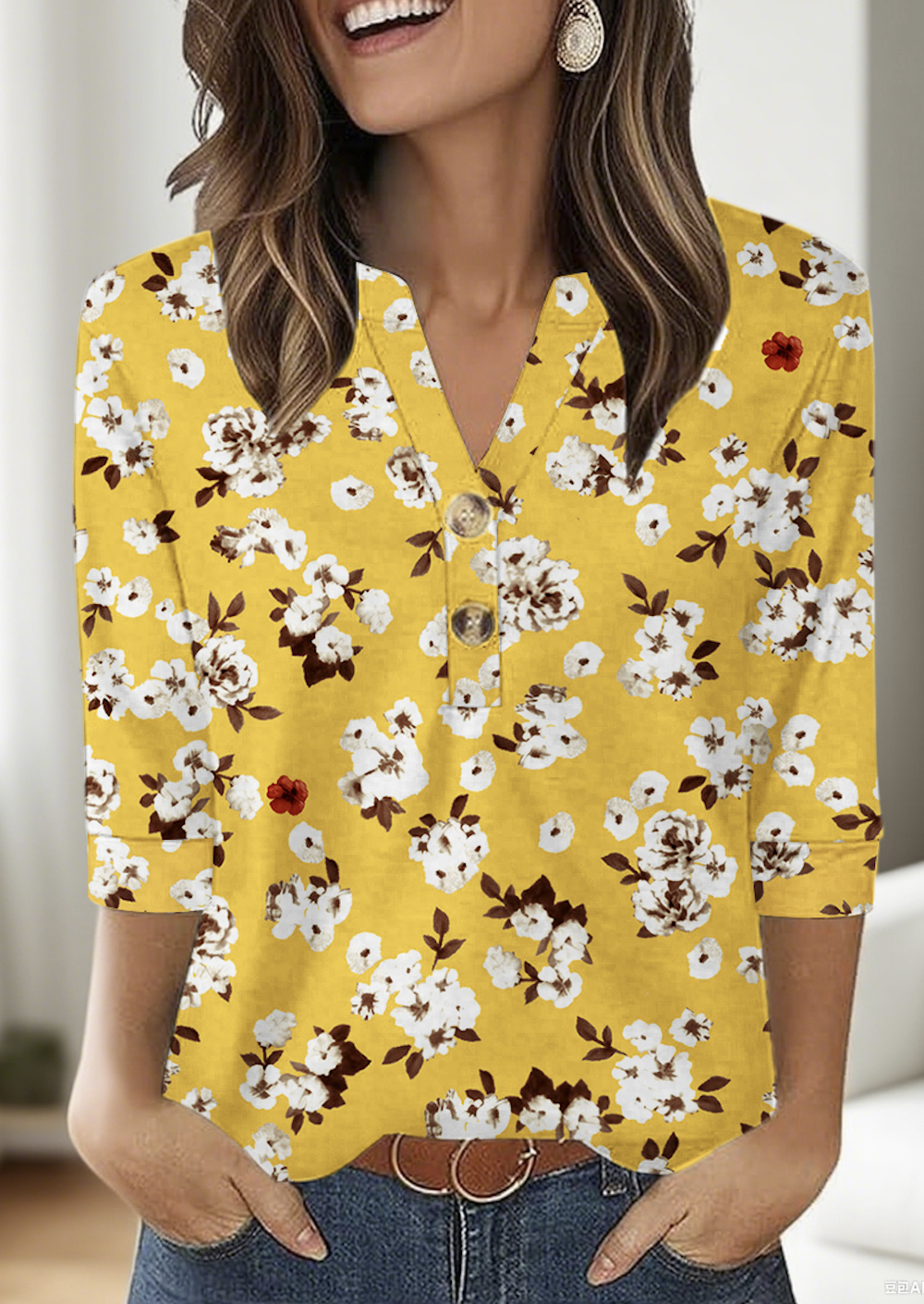 T-shirts Femmes Décontracté Floral Printemps / Automne Coton Micro-élasticité Manches trois quarts Régulier Trapèze Régulier