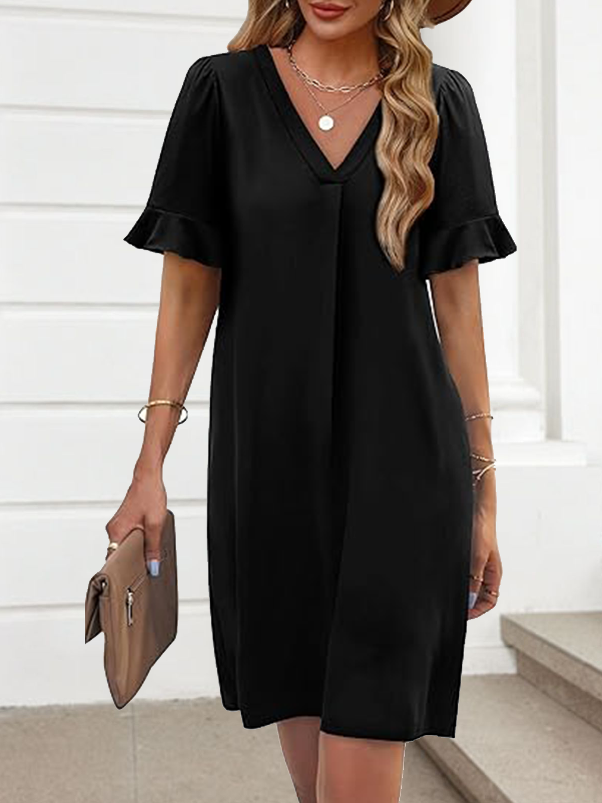 Femmes Géométrique Noir Col V Confortable Robe Mi-Longue Décontracté