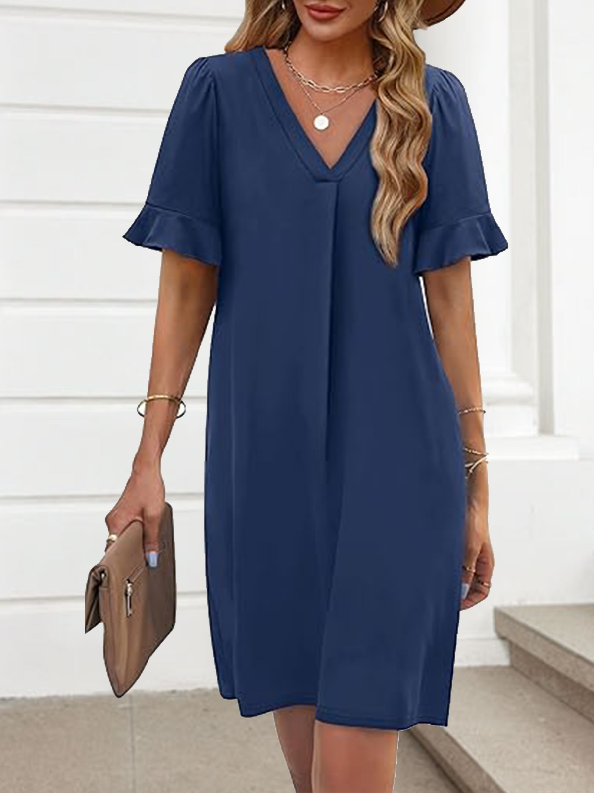 Femmes Géométrique Noir Col V Confortable Robe Mi-Longue Décontracté
