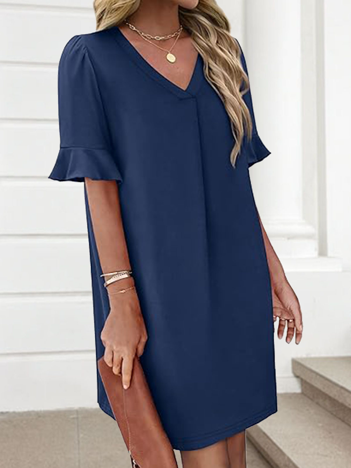 Femmes Géométrique Noir Col V Confortable Robe Mi-Longue Décontracté