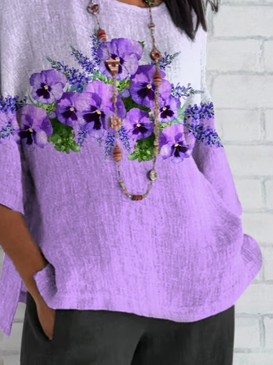 T-shirts Décontracté Floral Été Polyester Domestique Ample Demi Manche Régulier Régulier pour Femmes