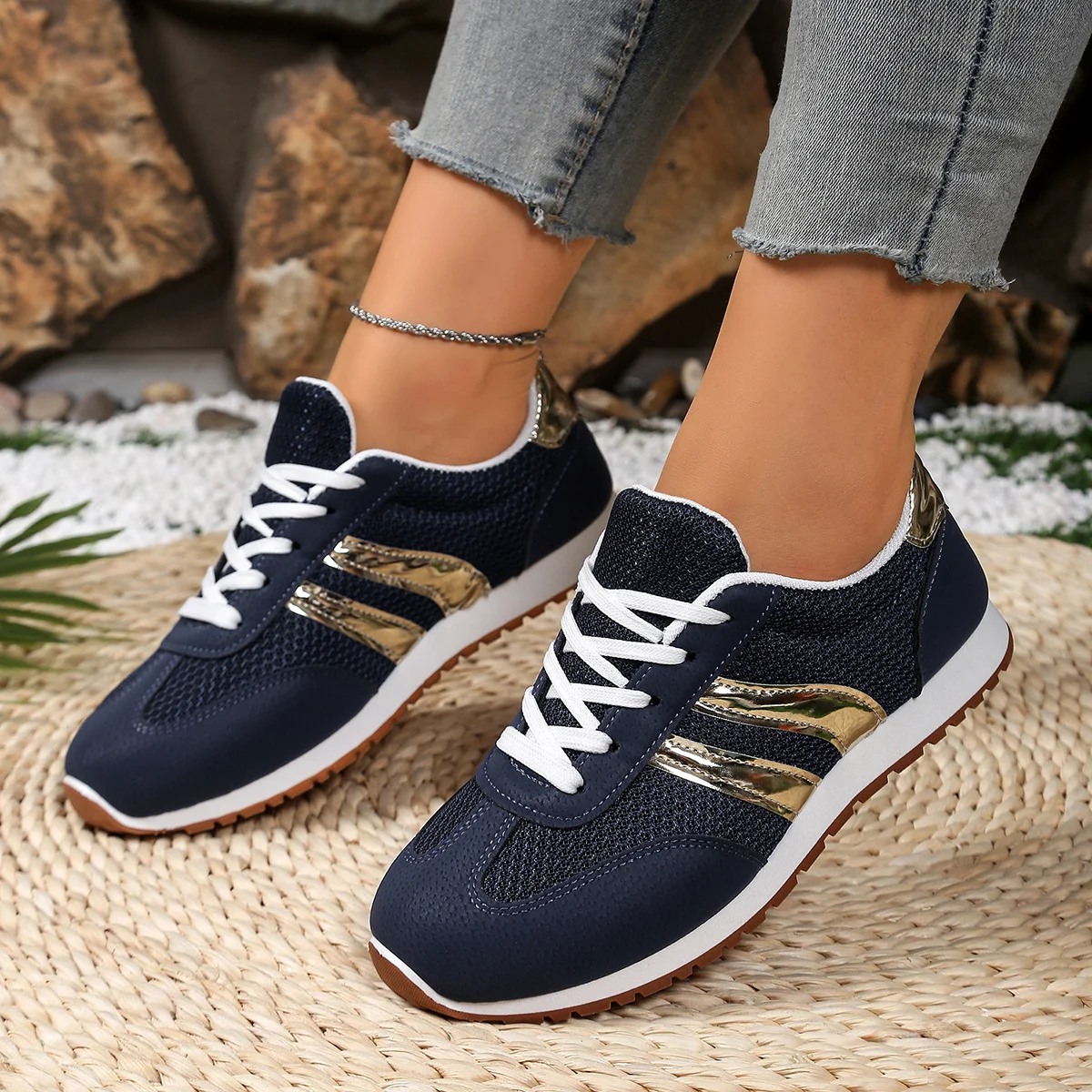 Chaussures Décontractées Décontracté Bloc de Couleur Toutes Les Saisons Polyester Quotidien Bout Fermé Caoutchouc à Lacets Baskets d'extérieur pour Femmes