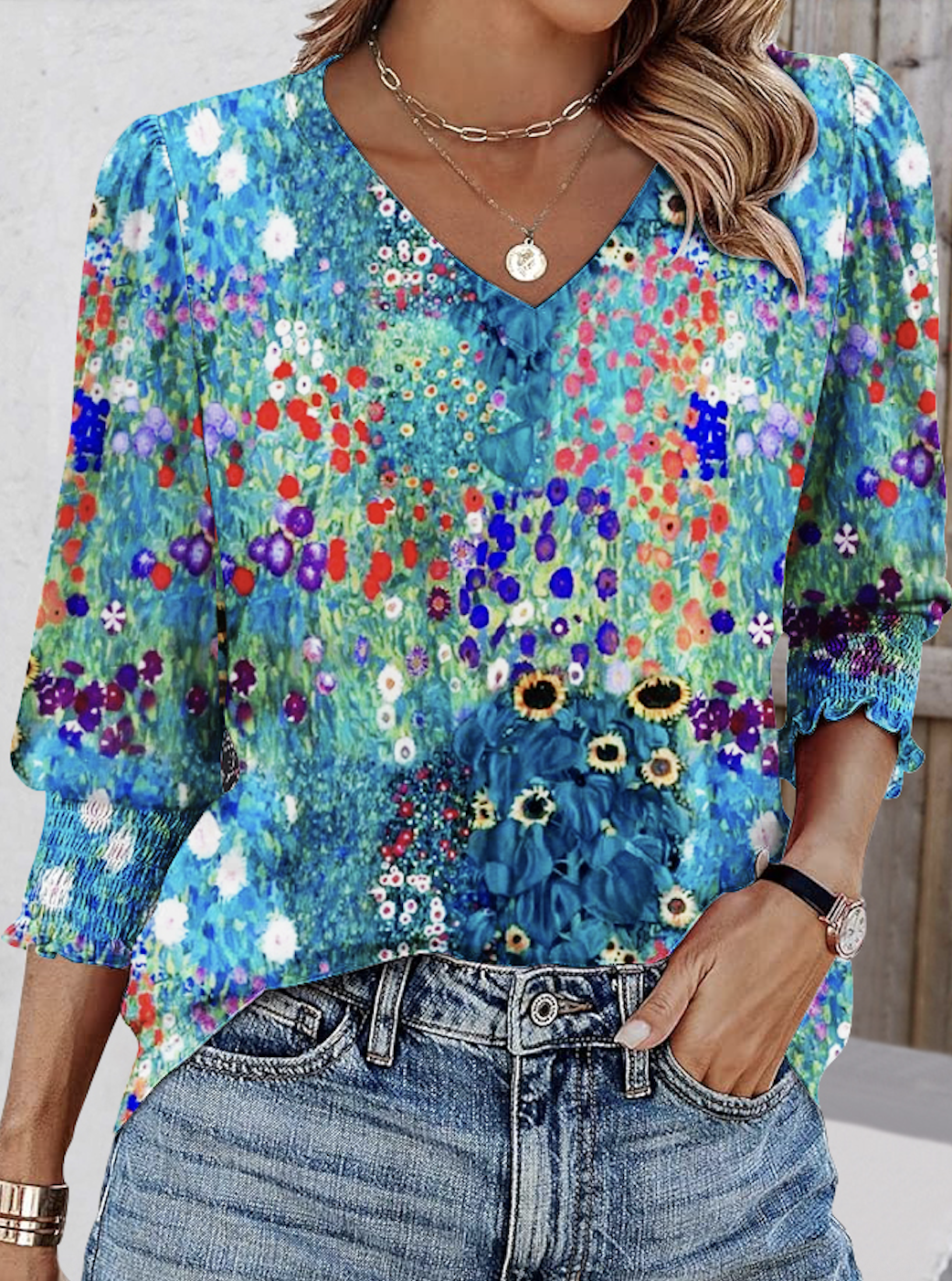 T-shirts Décontracté Tropical Printemps / Automne Col V Micro-élasticité Quotidien Coupe Régulière Manches Longues Régulier pour Femmes