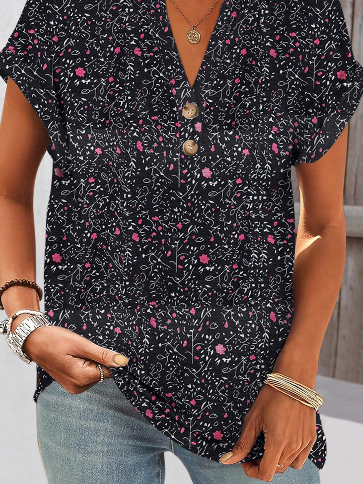 T-shirts Femmes Décontracté Floral Été Coton Col V Quotidien Coupe Régulière Trapèze Régulier