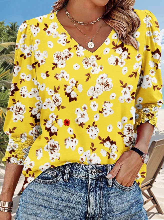 T-shirts Femmes Décontracté Tropical Printemps / Automne Coton Micro-élasticité Coupe Régulière Manches Longues Régulier Régulier
