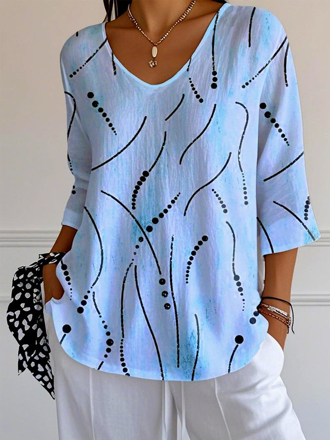T-shirts Femmes Pois Polka Simple Printemps / Automne Polyester Col V Micro-élasticité Quotidien Manches trois quarts Ligne T