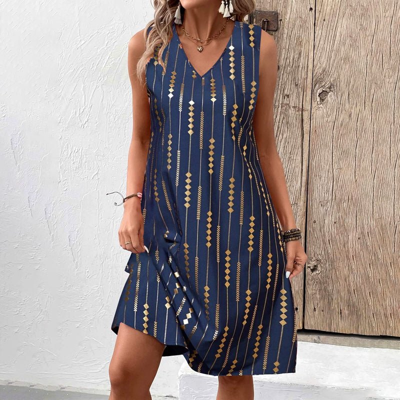 Femmes Géométrique Bleu Marine Col V Confortable Robe Mi-Longue Décontracté