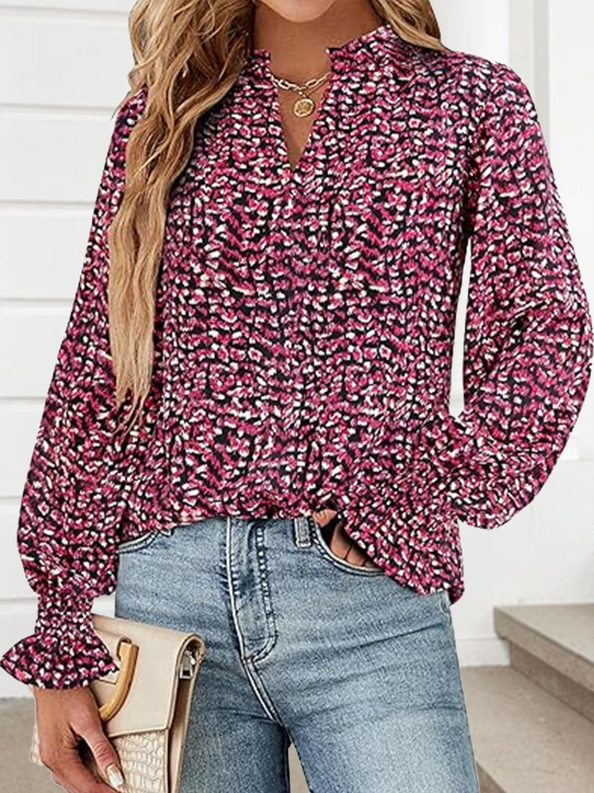 T-shirts Décontracté Floral Printemps / Automne Coton Col V Micro-élasticité Coupe Régulière Manches Longues Régulier pour Femmes