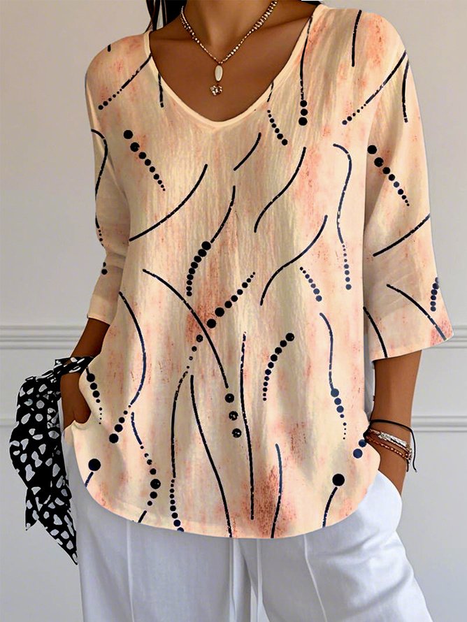 T-shirts Femmes Pois Polka Simple Printemps / Automne Polyester Col V Micro-élasticité Quotidien Manches trois quarts Ligne T