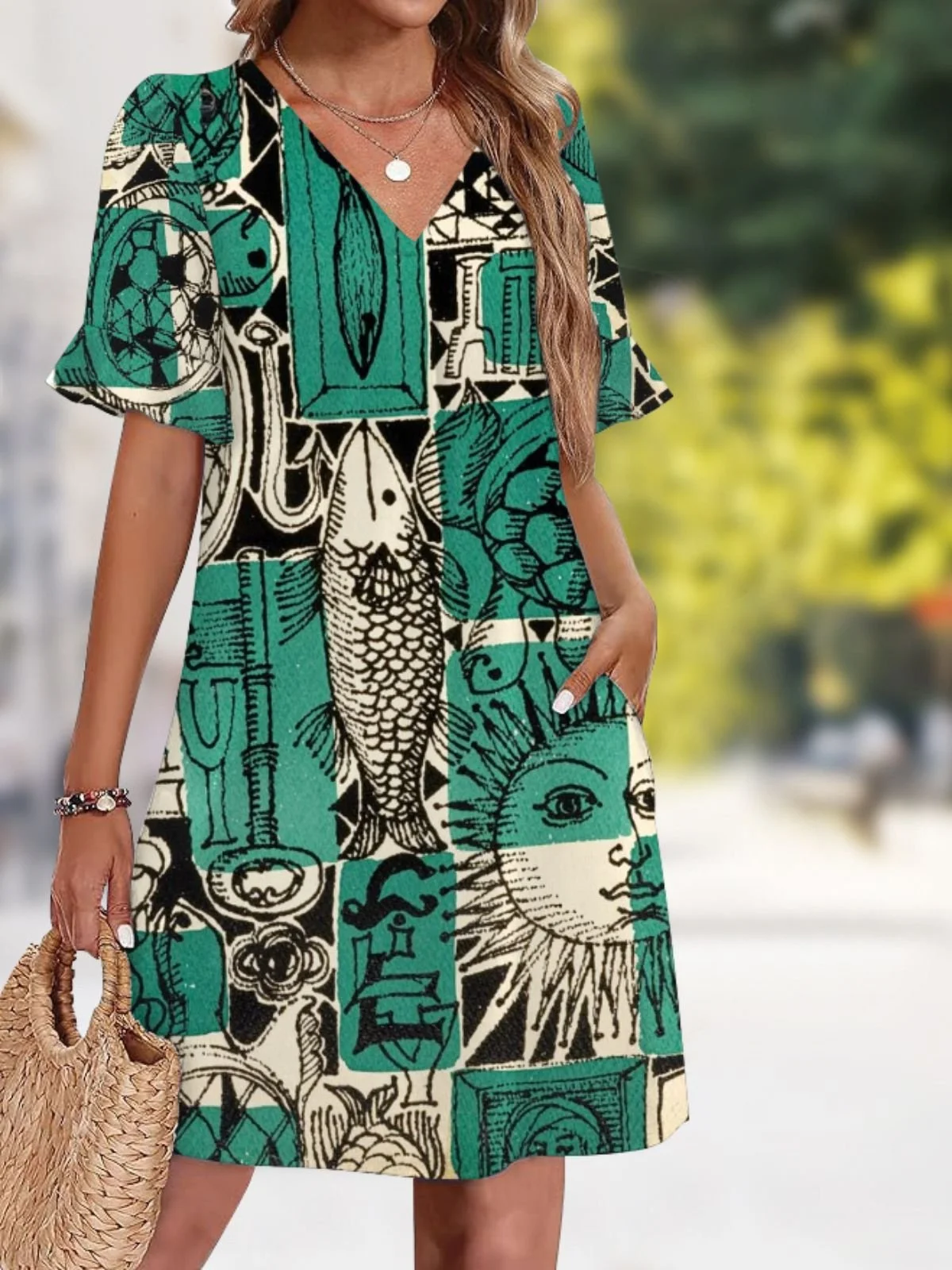 Femmes Floral Rouge Col V Confortable Robe Mi-Longue Décontracté