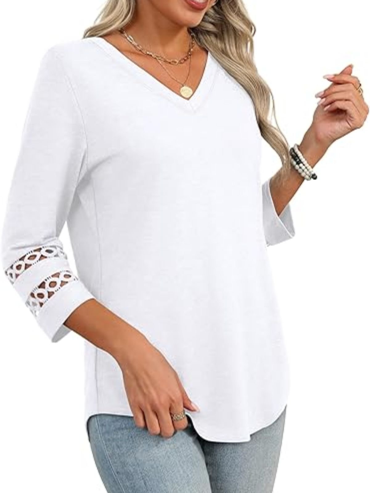 T-shirts Femmes Décontracté Plain Printemps / Automne Col V Coupe Régulière Manches trois quarts Régulier Droit Régulier