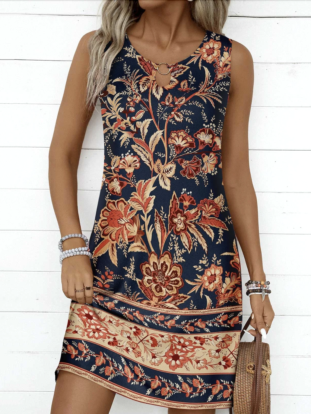 Femmes Floral Noir Col Rond Confortable Robe Mi-Longue Décontracté