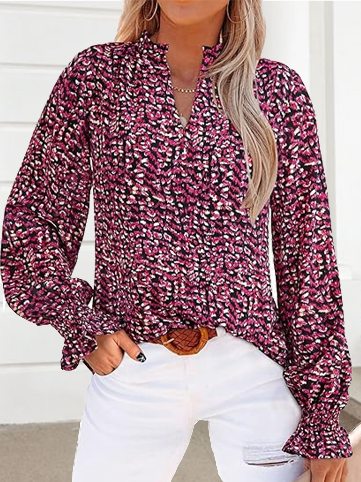 T-shirts Décontracté Floral Printemps / Automne Coton Col V Micro-élasticité Coupe Régulière Manches Longues Régulier pour Femmes