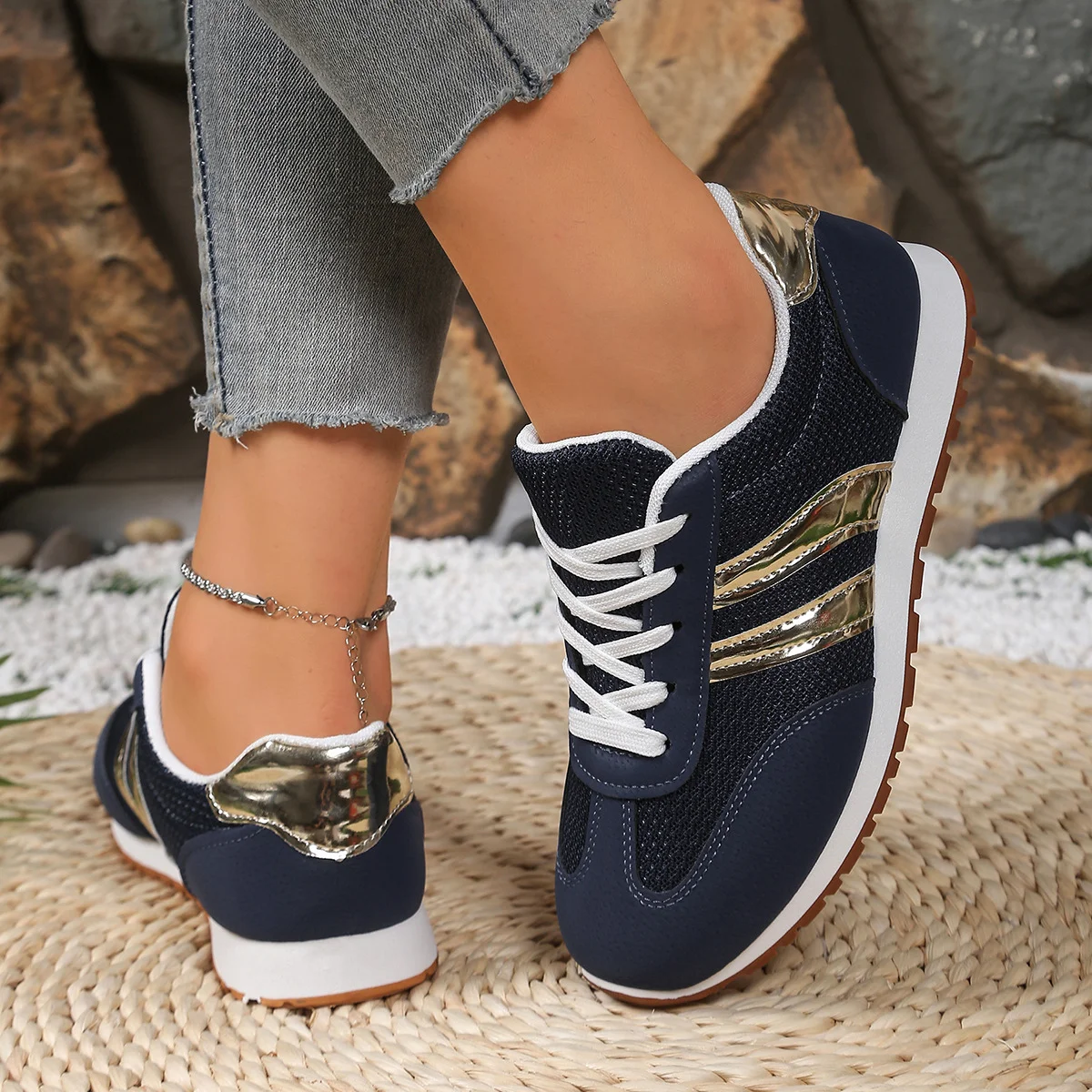Chaussures Décontractées Décontracté Bloc de Couleur Toutes Les Saisons Polyester Quotidien Bout Fermé Caoutchouc à Lacets Baskets d'extérieur pour Femmes