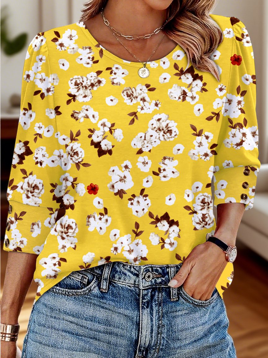 T-shirts Décontracté Floral Printemps / Automne Coton Manches trois quarts Col Rond Régulier Trapèze Régulier pour Femmes