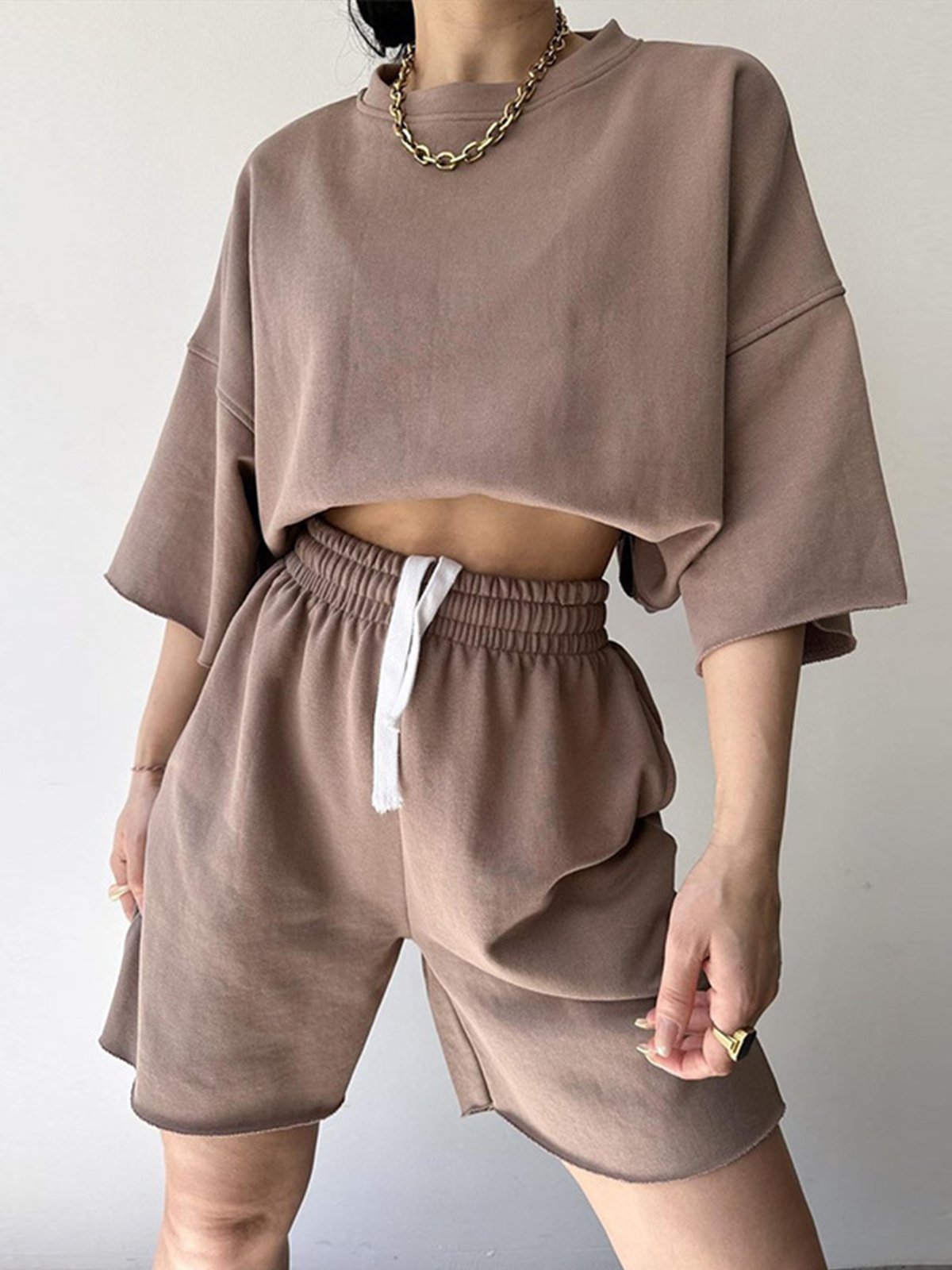 Deux Pièces Ensembles Décontracté Plain Été Micro-élasticité Quotidien Pull-over Col Rond Droit Ensembles courts pour Femmes