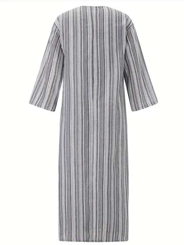 Femmes Rayé Gris Col en U Confortable Imprimé Robe Maxi Rétro