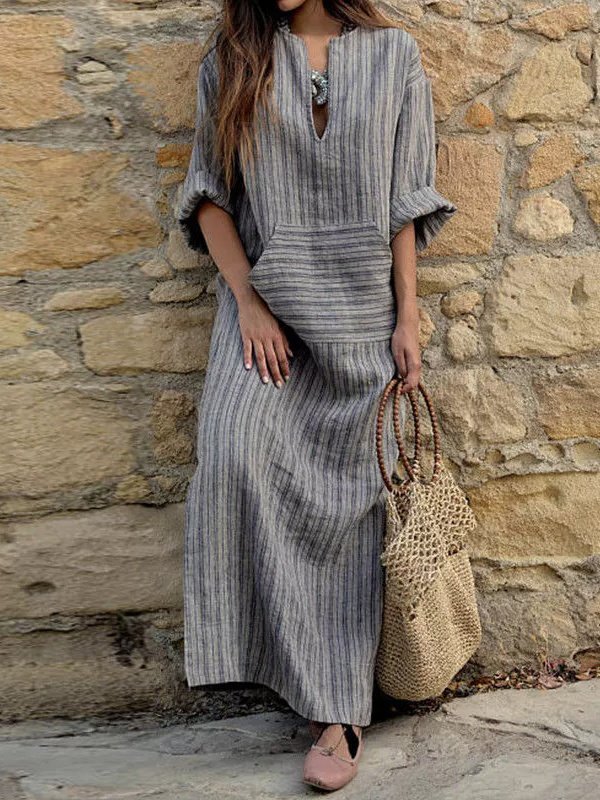Femmes Rayé Gris Col en U Confortable Imprimé Robe Maxi Rétro