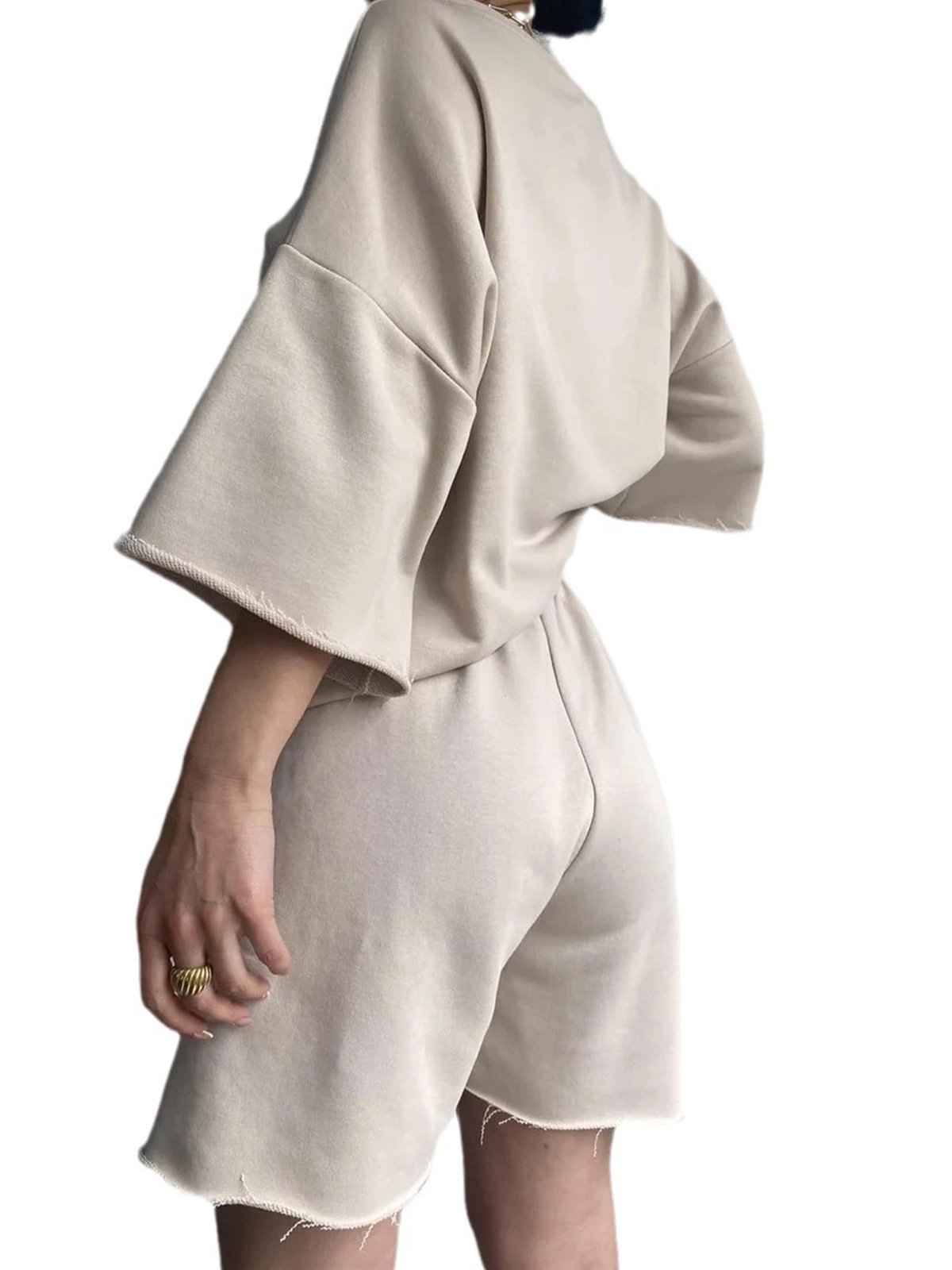 Deux Pièces Ensembles Décontracté Plain Été Micro-élasticité Quotidien Pull-over Col Rond Droit Ensembles courts pour Femmes