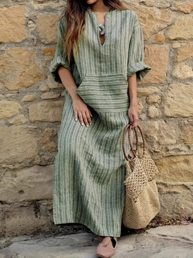Femmes Rayé Gris Col en U Confortable Imprimé Robe Maxi Rétro