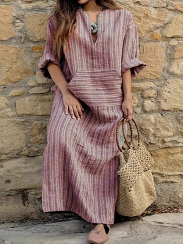 Femmes Rayé Gris Col en U Confortable Imprimé Robe Maxi Rétro
