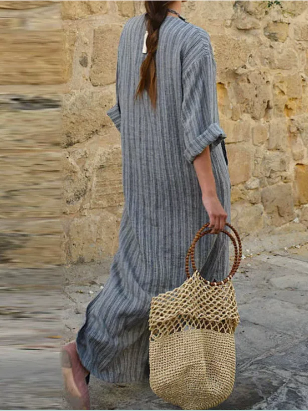 Femmes Rayé Gris Col en U Confortable Imprimé Robe Maxi Rétro