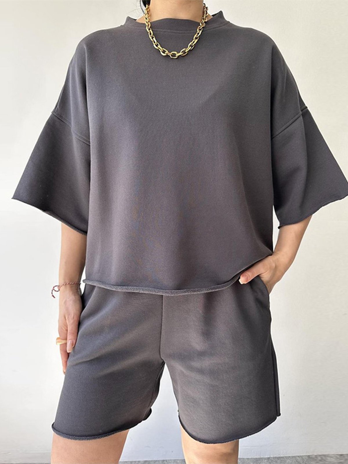 Deux Pièces Ensembles Décontracté Plain Été Micro-élasticité Quotidien Pull-over Col Rond Droit Ensembles courts pour Femmes