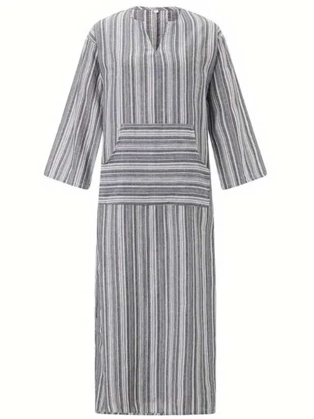 Femmes Rayé Gris Col en U Confortable Imprimé Robe Maxi Rétro