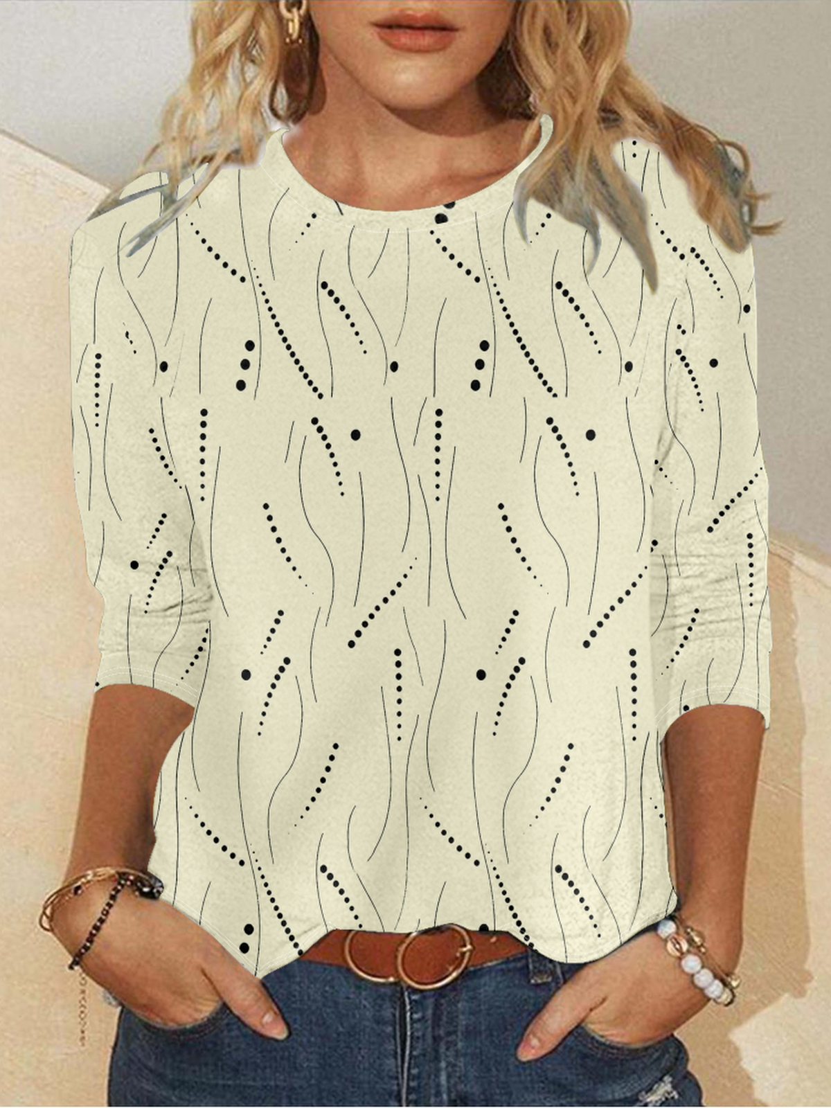 T-shirts Femmes Rayé Décontracté Printemps / Automne Micro-élasticité Faire la navette Ample Jersey Manches Longues Col Rond