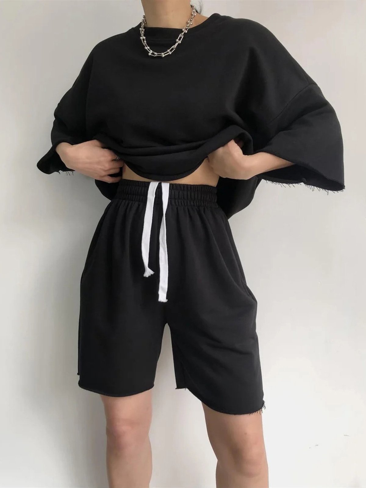 Deux Pièces Ensembles Décontracté Plain Été Micro-élasticité Quotidien Pull-over Col Rond Droit Ensembles courts pour Femmes