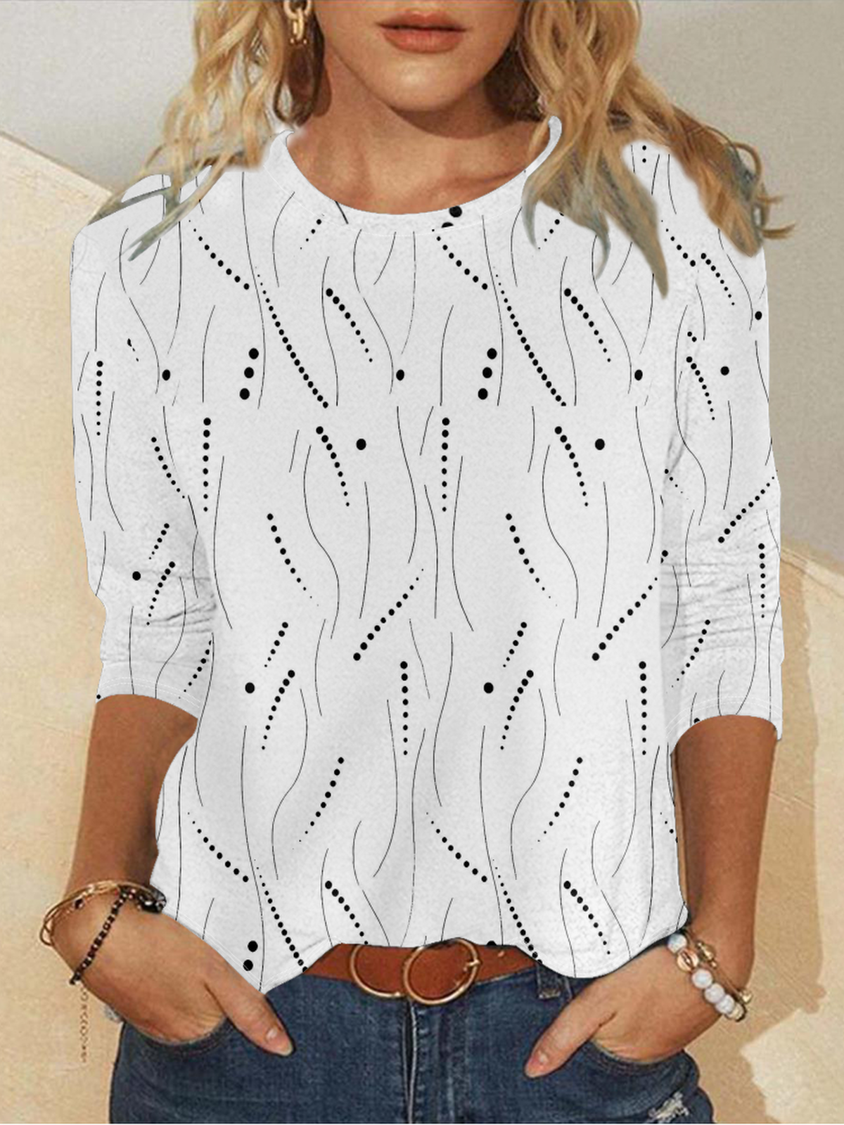 T-shirts Femmes Rayé Décontracté Printemps / Automne Micro-élasticité Faire la navette Ample Jersey Manches Longues Col Rond
